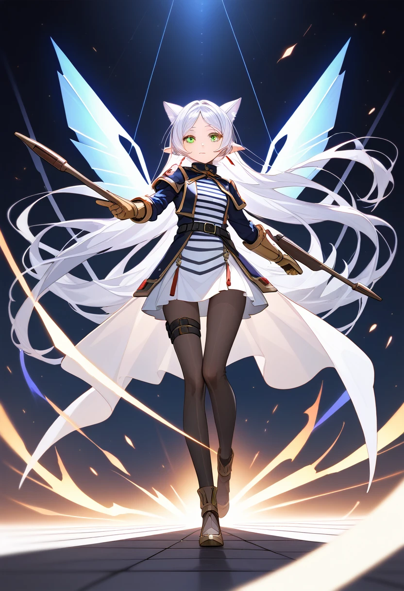 masterpiece, best quality, (Fraction_9, Fraction_8_Direction_7_up), 1 Girl, Solitary, Freeze Base, Green Eyes, White hair, Long hair, Double tail, earrings, White shawl, Striped shirt, black strips, Long sleeve, belt, White skirt, Black pantyhose, Looking at the audience, blue|Silver clothes, Stylish and unique. ((Display of weapons:1.4)), Bow and Arrow. (masterpiece:1.2), (best quality), 4K, Extremely detailed. (Step-by-step design, The Art of Layout:1.5), (Luminous lighting, Atmospheric lighting). Shooter, ((glove full hands)), (((Revealing clothes:1.3))), Arm armor, Armored Legs, (((full_Body_shooting:1.4))).