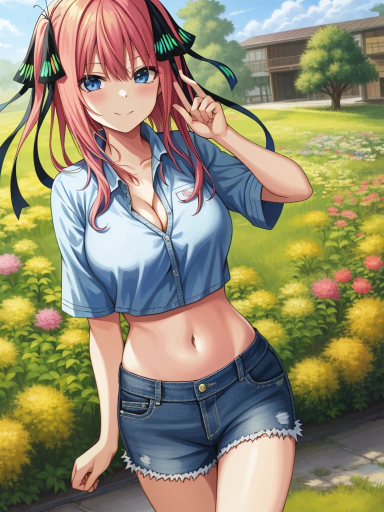 2d, masterpiece, best quality, anime, highly detailed, 1girl, solo, cowboy shot, nakano nino, pink hair, butterfly hair ornament, crop top , cleavage, Denim shorts , large breasts, standing, school, outdoors, smile