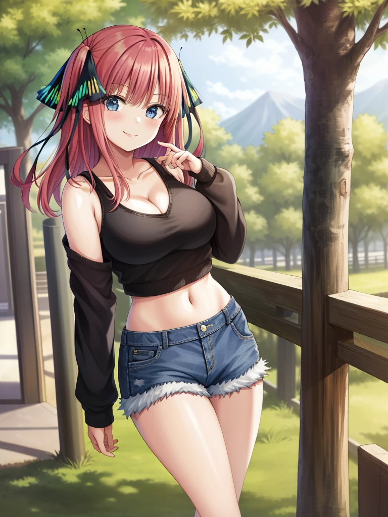 2d, masterpiece, best quality, anime, highly detailed, 1girl, solo, cowboy shot, nakano nino, pink hair, butterfly hair ornament, crop top , cleavage, Denim shorts , large breasts, standing, school, outdoors, smile