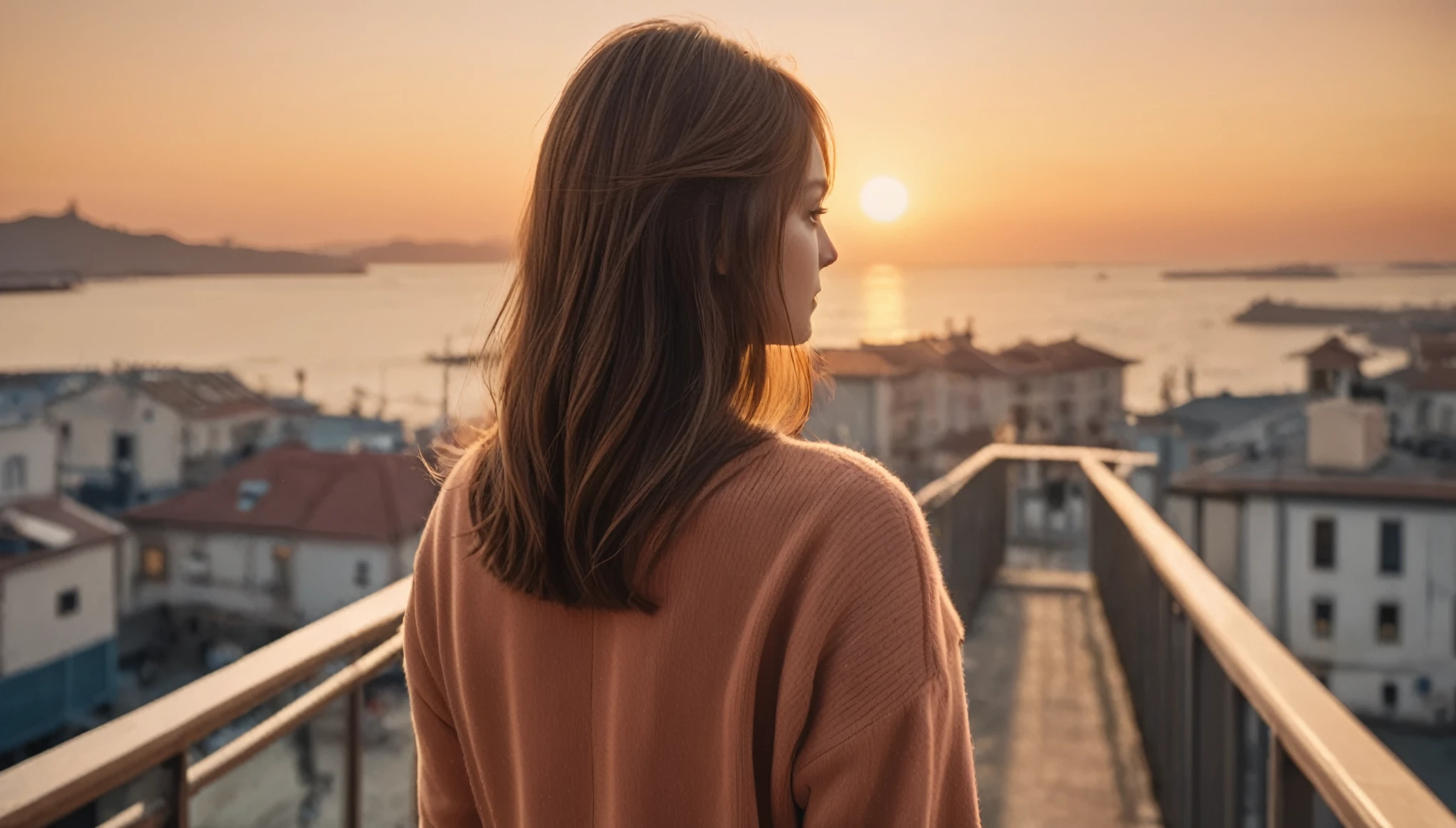 (best quality, masterpiece, ultra detailed, ultra high res, photorealistic, raw photo, absurdres, absolutely resolution), warm colors, office Street, 1 girl, from behind, long shot, wide shot, walking towards the other side, photographed from a distance, sea, sunset