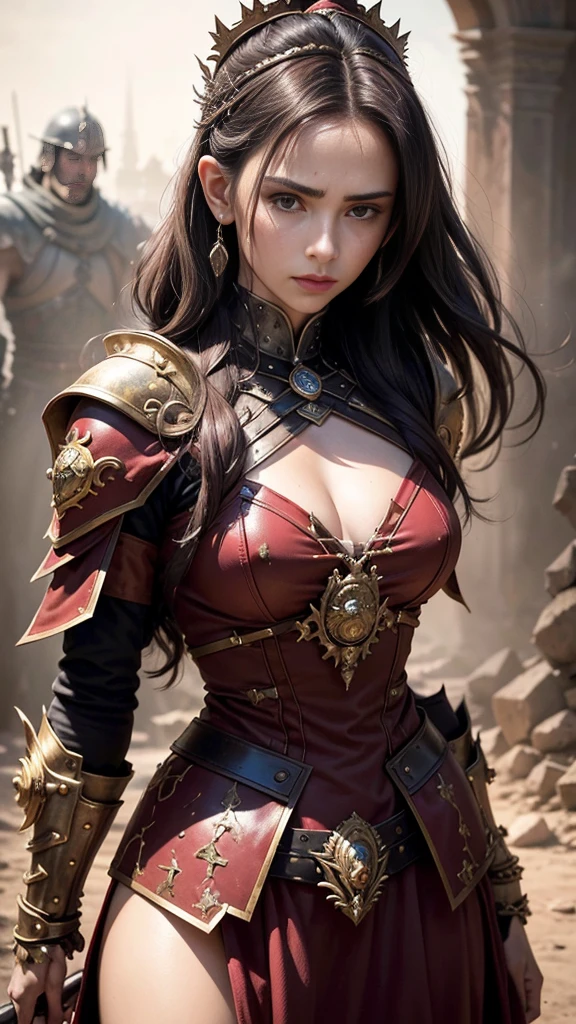 realistic masterpiece hd (best quality, woman wearing warrior outfit complete with blood sick iron, blood everywhere , blood destruction k, Altas, master part: 1.2), ultra-detalhado, (Realistic, photorrealista, photo-realistic: 1.37) Victoria Beckham , luz de espada brilhante, sinistra atmosphere, Fiery destruction, heroic pose, Details requintados, majestoso, Strength and power