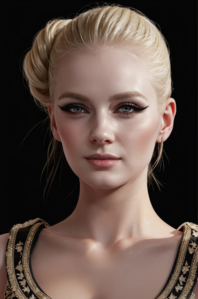 woman pretty, blonde, slicked back bun hair, blonde hair , big breast,  sexy, pale skin , wearing greek dress, smile , laugh, eyeliner ,white skin,foxy eyeliner , makeup ,pale woman painting, beautiful light deep focus, elegant, digital painting, smooth, dramatic lighting , 8k, art , black background,black background, black wallpaper