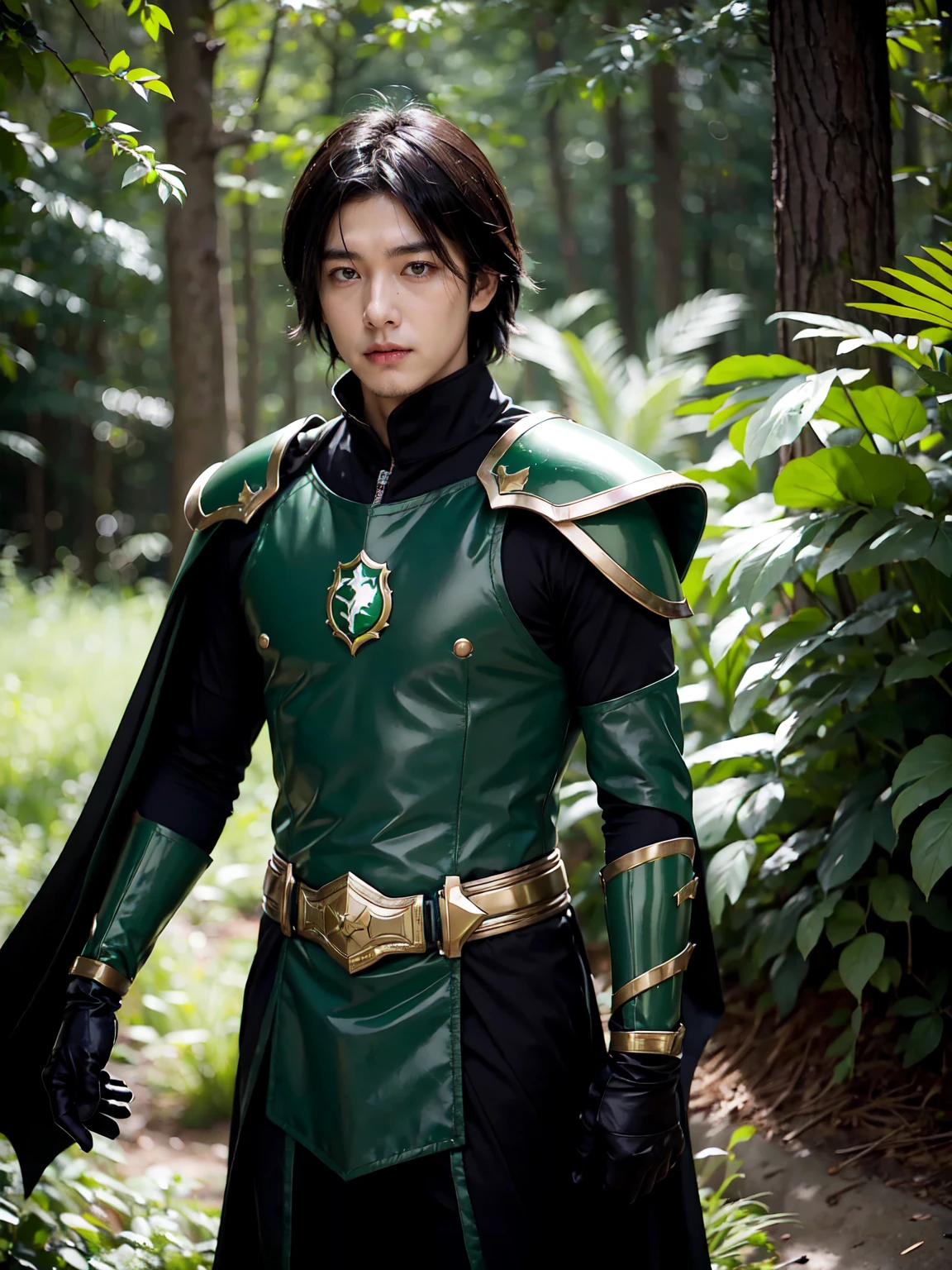 yuichiro hyakuya, expressive eyes, 1 boy, only, black hair, green eyes, armor, shield, green cape, brown gloves, forest, sylvan, standing, portrait, looking at viewer