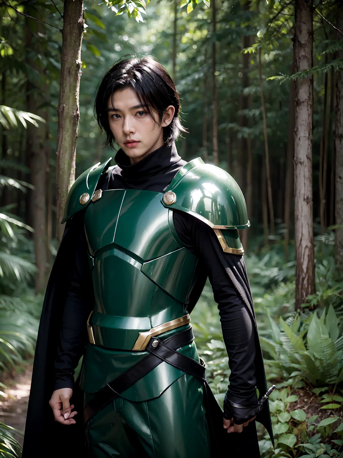 yuichiro hyakuya, expressive eyes, 1 boy, only, black hair, green eyes, armor, shield, green cape, brown gloves, forest, sylvan, standing, portrait, looking at viewer