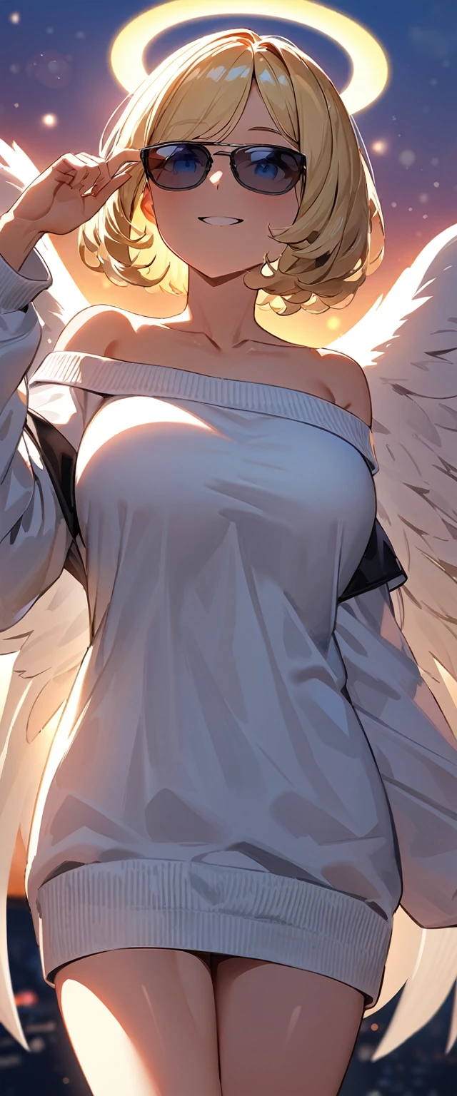 ((angel, big big white wings:1.3, halo:1.3)), ((from below)), (((sunglasses, hand to sunglasses))), (((cowboy shot))), archangel Uriel, ((wavy hair, inward curled hair)), evening, Sunset, ((blond hair, bob cut:1.3)), big breasts, teenager, (looking at viewer), oversized clothes, puffy long sleeves, ((off-shoulder sweater:1.3, Quite thick shoulder straps)), ((white sweater)), collarbone, head tilt:1.3, (((blue eyes))), ((happy smile)), (((anime style))), (best quality, 4K, 8K, highres, masterpiece:1.2, ultra-detailed, ultra-detailed eyes, HDR, uhd, studio lighting, ultra-fine painting, sharp focus, physically-based rendering, extreme detail description, professional, vivid colors, bokeh)