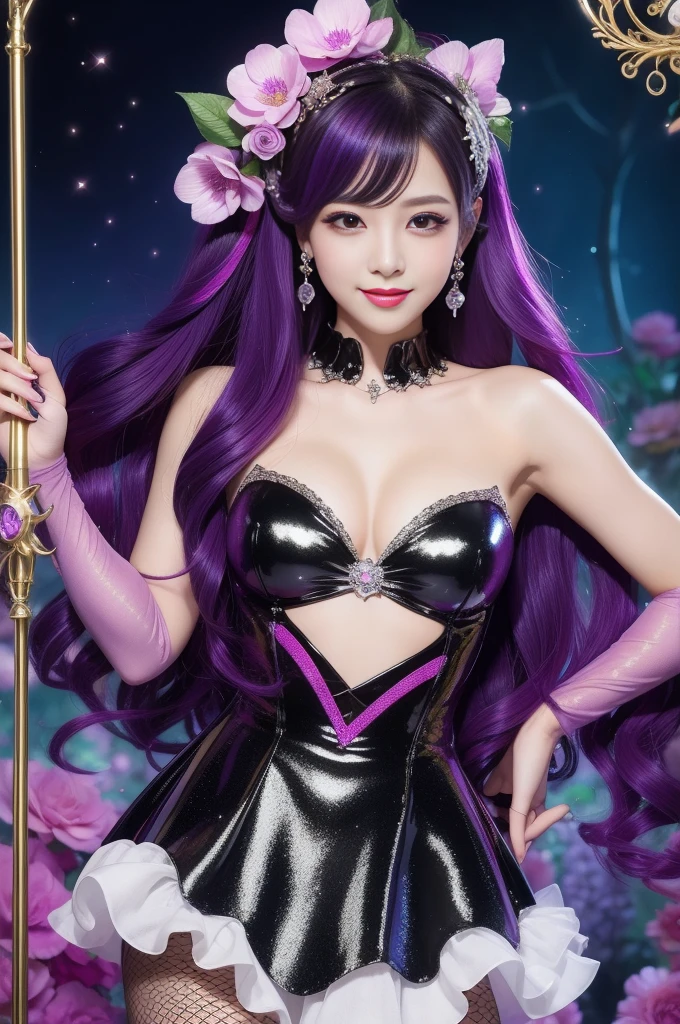 sexy stylish princess who controls poison、beautiful smile、lip-gloss、long lashes、intense makeup、look at the camera、full body Esbian、、sparkling poisoned flower costume、、、、shiny sparkling multicolor hair、secrete poison、skull hair accessories、fishnet tights、shiny sparkling dark magic forest background