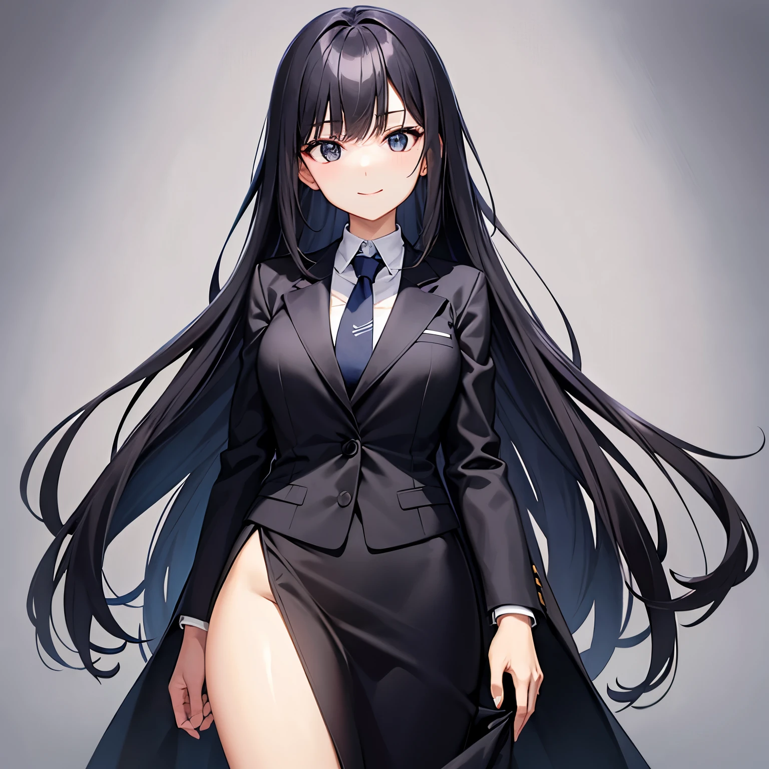 Black-haired woman,
Straight Hair,
Hair length is shoulder length。
One person,
Wearing a navy blue suit,
She is wearing a miniskirt in the same color as her suit.,
White shirt,
Navy blue tie,
Smiling but with mouth closed,
Facing directly ahead,
The figure is up to the thighs,
Standing posture,
Draw the top of the head so that it is not missing.,
No background required。
