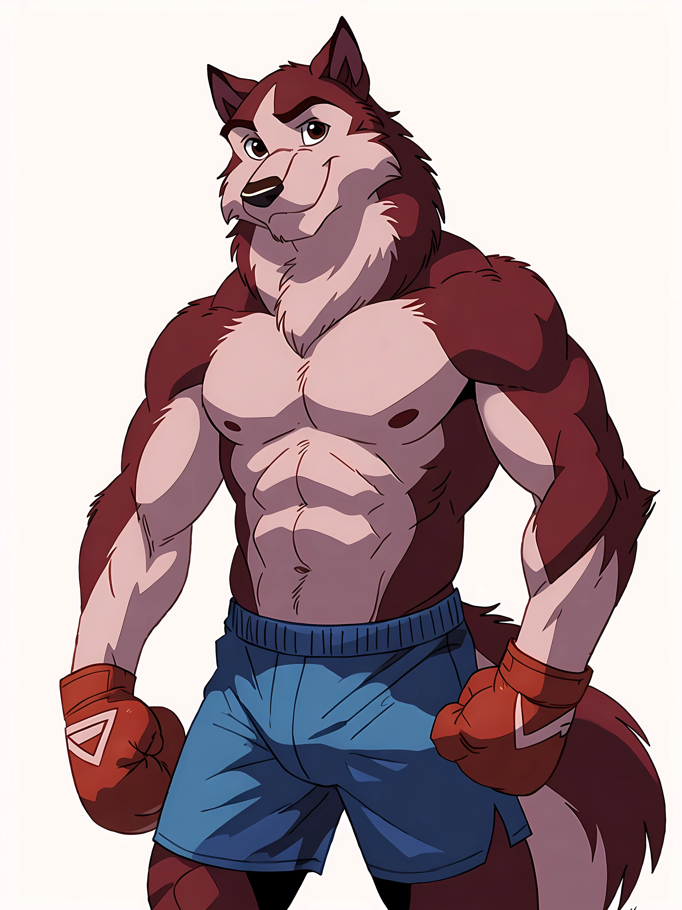 kodiak (balto), red fur, detailed, detailed face, detailed eyes, anthro body, black lineart, black outline, male, young adult, muscular body, brown eyes, cartoon shading, cel shaded:1.0, confident, proud, smile, front view:1.1, boxing shorts, full body:1.2, wolf tail, (wearing boxing gloves, detailed boxing gloves):1.1, (no background, white background):1.5, bare chest, by wfa, by negger