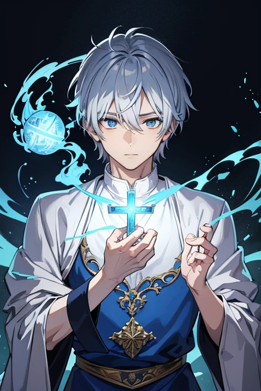 masterpiece, Highest quality, High resolution,Anime Style、Follow the prompts、Anatomically correct、Silver Hair、Short Hair、male、Wizard、White Robe、magic、Blue Flame Cross、With an ancient castle in the background、Upper body only