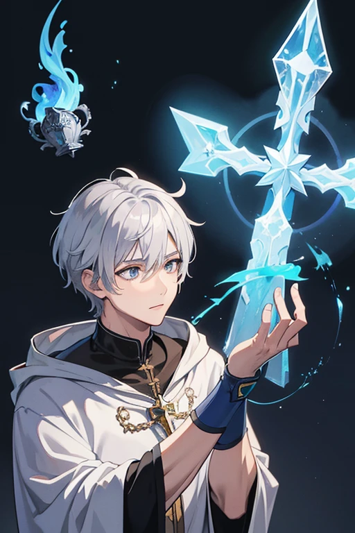 masterpiece, Highest quality, High resolution,Anime Style、Follow the prompts、Anatomically correct、Silver Hair、Short Hair、male、Wizard、White Robe、magic、Blue Flame Cross、With an ancient castle in the background、Upper body only