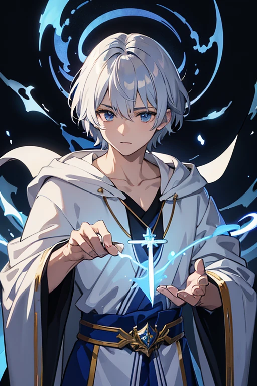 masterpiece, Highest quality, High resolution，Anime Style、Follow the prompts、Anatomically correct、Silver Hair、Short Hair、male、Wizard、White Robe、magic、Amorphous Cross of Blue Flame、With an ancient castle in the background、Upper body only