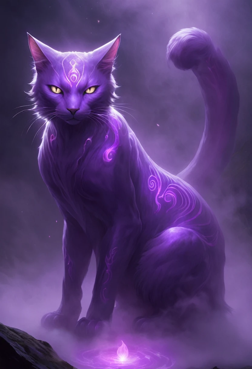 "A gigantic cat dwelling within the mist, its body made of purple fog. Its eyes shine gold, and its long, flexible tail sways gracefully. This cat serves as a familiar to a mage, moving freely within the fog and wielding magical powers."