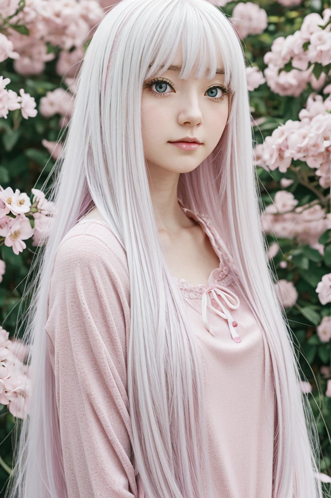 An anime girl with long white hair with bangs, has pink eyes and pale skin, wears soft clothing, floral backround