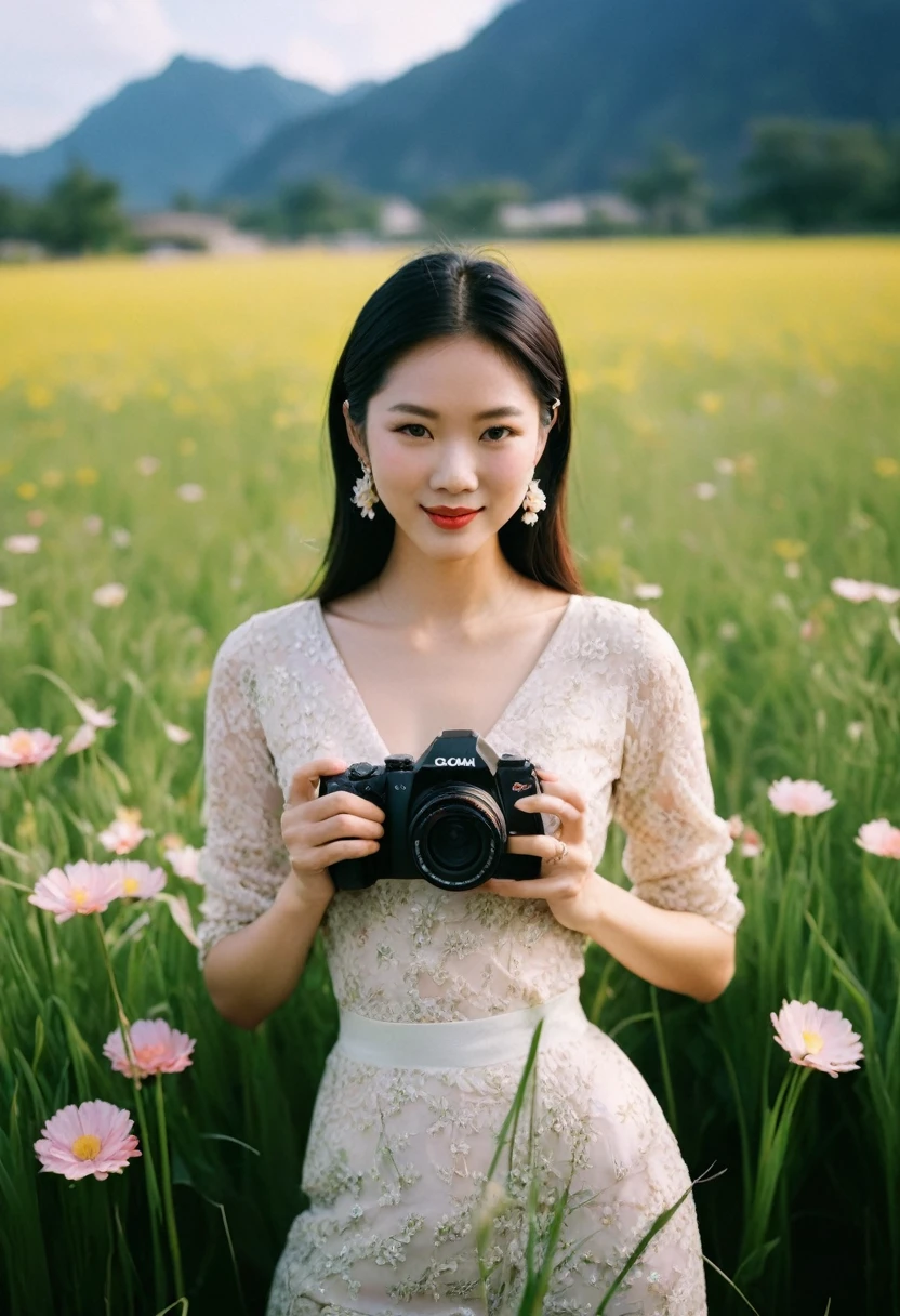 a very beautiful Asian lady, casual outfit, at flower and grass field, ,Photojournalism photo, shot on Kodak Ektar 100, Natural Light, using a Sony A7R IV, Anamorphic lens, Medium Shot angle, in the style of Helmut Newton, in a Nostalgic atmosphere