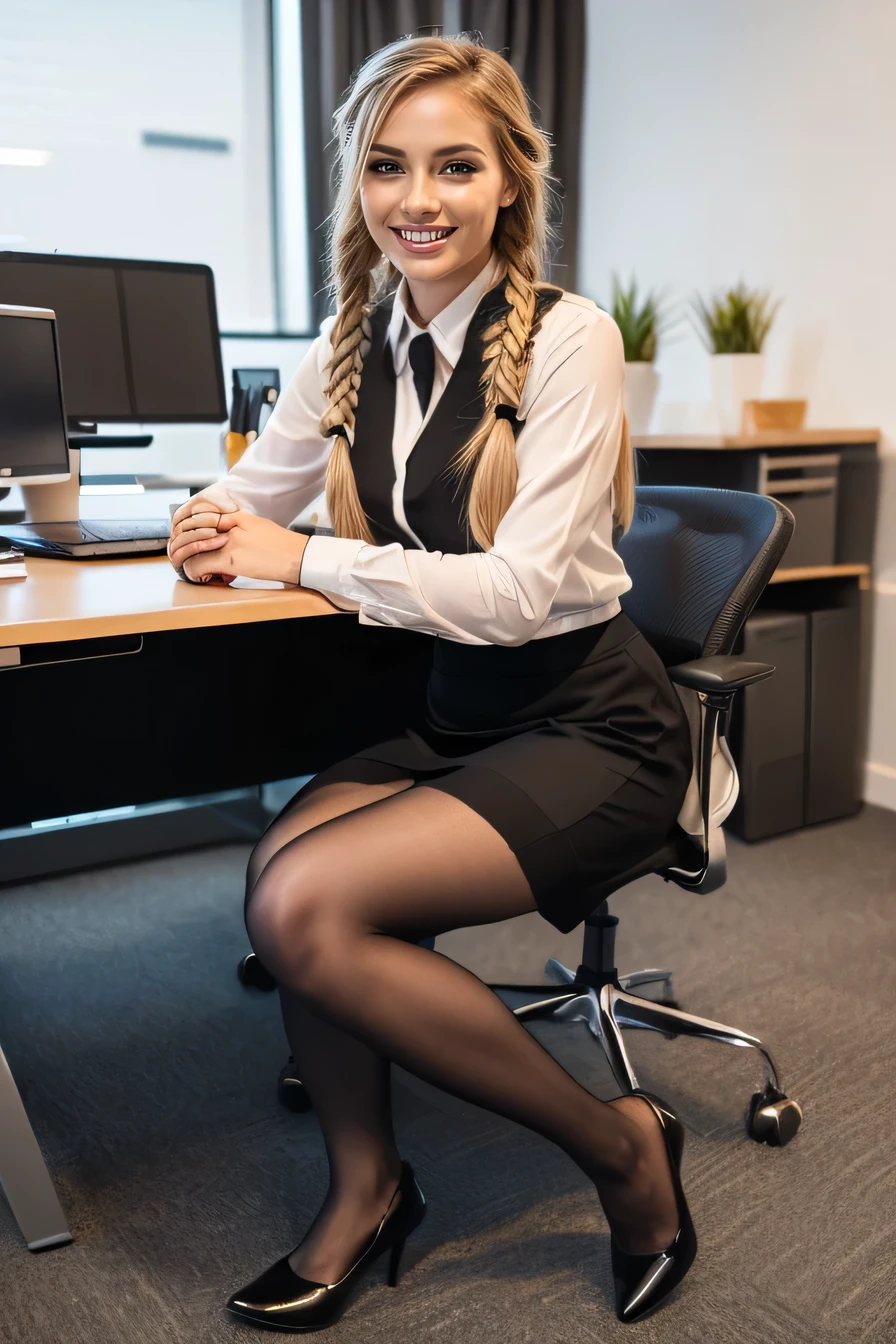 high quality,16K:1.1),((, German woman sitting in an office chair, 、Blonde、Hairstyle braids smile、Beautiful teeth alignment、((Office Lady Suits、Knee-length skirt)), tights,,(View your viewers:1.3),(Full Body Shot:1.2),(Background is Office 1.2),

