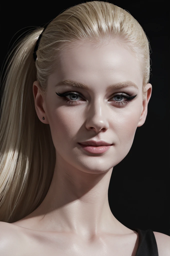 woman pretty, blonde, slicked back bun hair, blonde hair , big breast, sexy, pale skin , wearing black dress, smile , laugh, eyeliner ,white skin,foxy eyeliner , makeup ,pale woman painting, beautiful light deep focus, elegant, digital painting, smooth, dramatic lighting , 8k, art , black background,black background, black wallpaper
