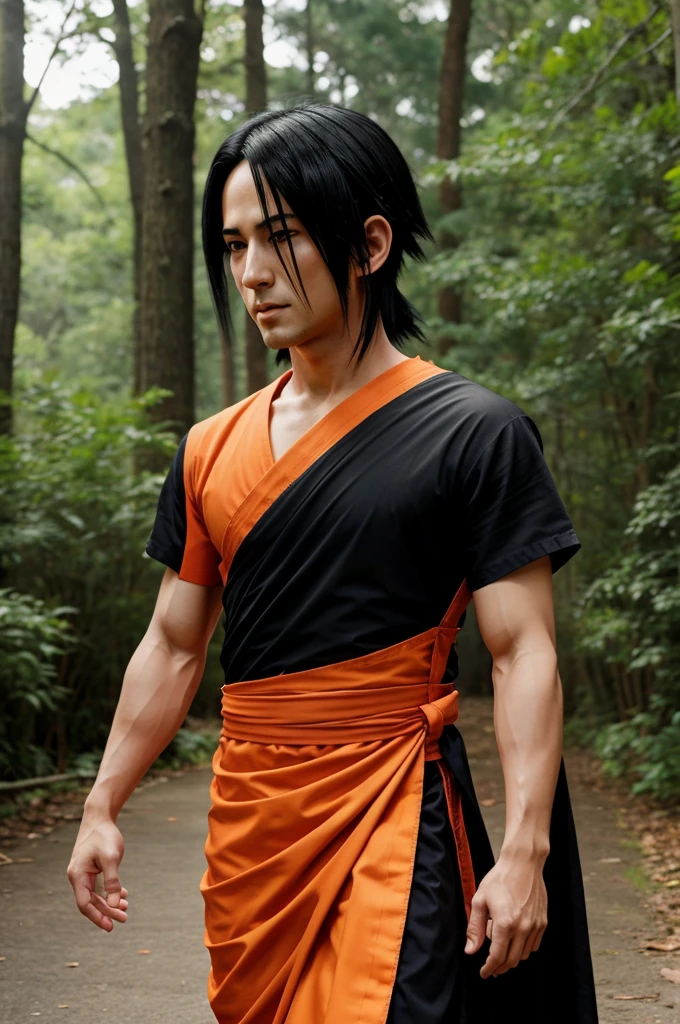 Create an image of itachi uchiha wear the dress of son goku