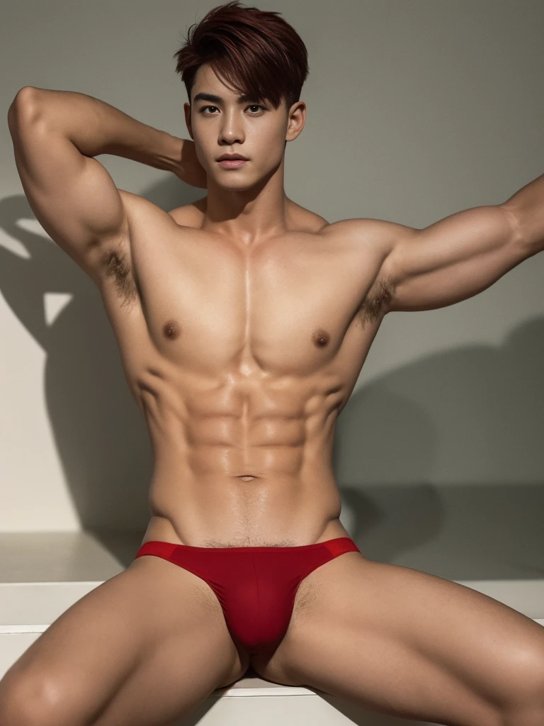 masterpiece, highest quality:1.2,high detail,1 male,good looking,muscular man, Topless ,sports oath,street , looking at the viewer, manly, short hair,Hair dyed red,ambient occlusion, sitting, spread legs, lifted arms, wearing thongs, pubes