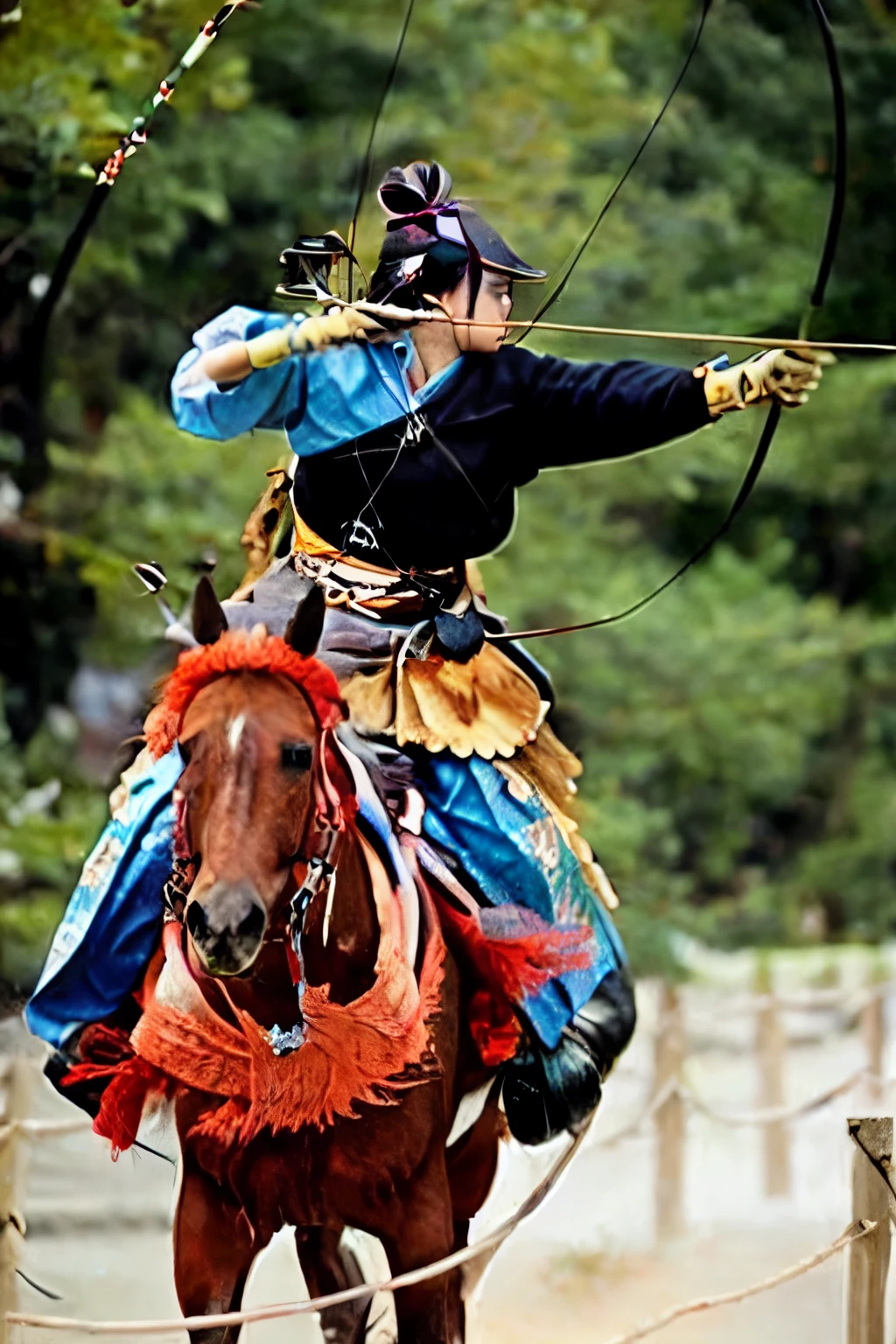 (masterpiece, best quality:1.2), yabusame, beautiful girl, horseback riding, (holding bow in left hand:1.2), long bow, (holding arrow:1.2), (kaburaya:1.2), kyudou-hikiwake, outstretched arm, black igote, deerskin mukabaki, galloping horse, red munagai, sea side,
