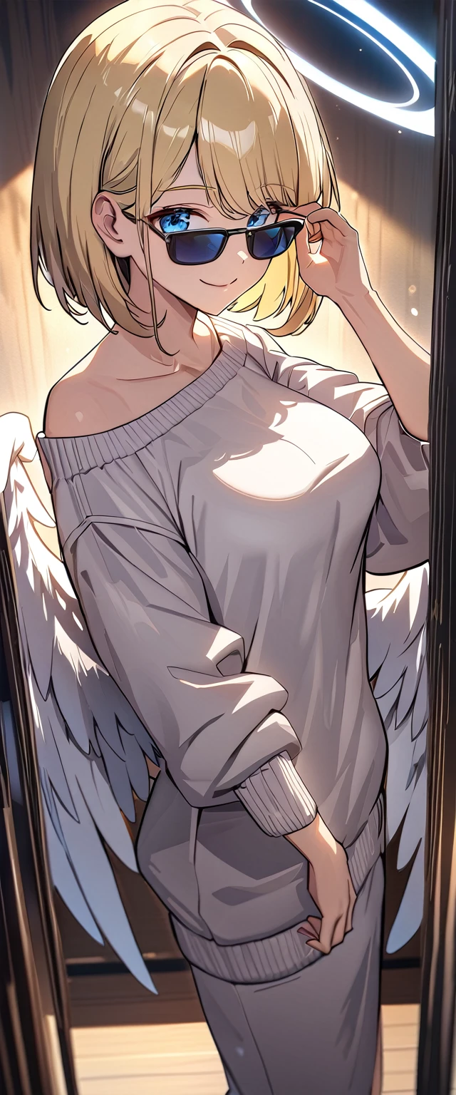 ((angel, big big white wings:1.3, halo:1.3)), ((from above)), (((sunglasses, hand to sunglasses))), (((cowboy shot))), archangel Uriel, ((wavy hair, inward curled hair)), evening, Sunset, ((blond hair, bob cut:1.3)), big breasts, ager, (looking at viewer), oversized clothes, puffy long sleeves, ((off-shoulder sweater:1.3, Quite thick shoulder straps)), ((white sweater)), collarbone, head tilt:1.3, (((blue eyes))), ((happy smile)), (((anime style))), (best quality, 4K, 8K, highres, masterpiece:1.2, ultra-detailed, ultra-detailed eyes, HDR, uhd, studio lighting, ultra-fine painting, sharp focus, physically-based rendering, extreme detail description, professional, vivid colors, bokeh)