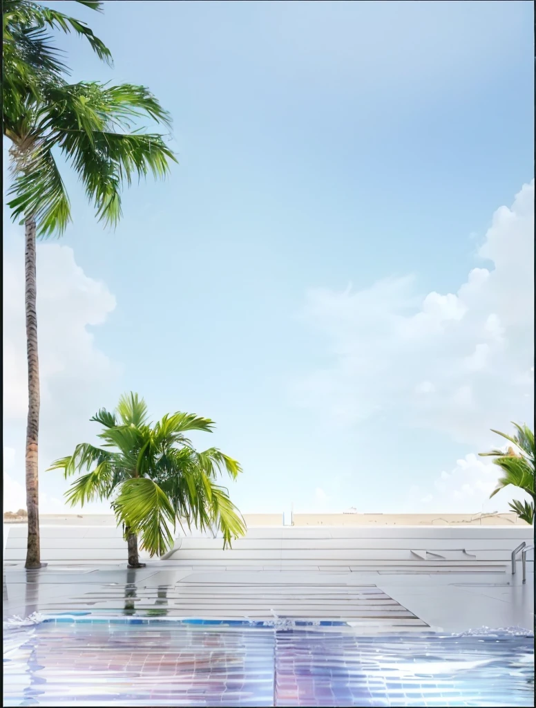 there are two palm trees in the water near the beach, realistic detailed background, realistic background, tropical pool, palm trees in the background, next to a tropical pool, tropical background, hyper realistic background, outdoors tropical cityscape, in style of 3d render, long beach background, island background, palmtrees, tree palms in background, high quality topical render, breezy background