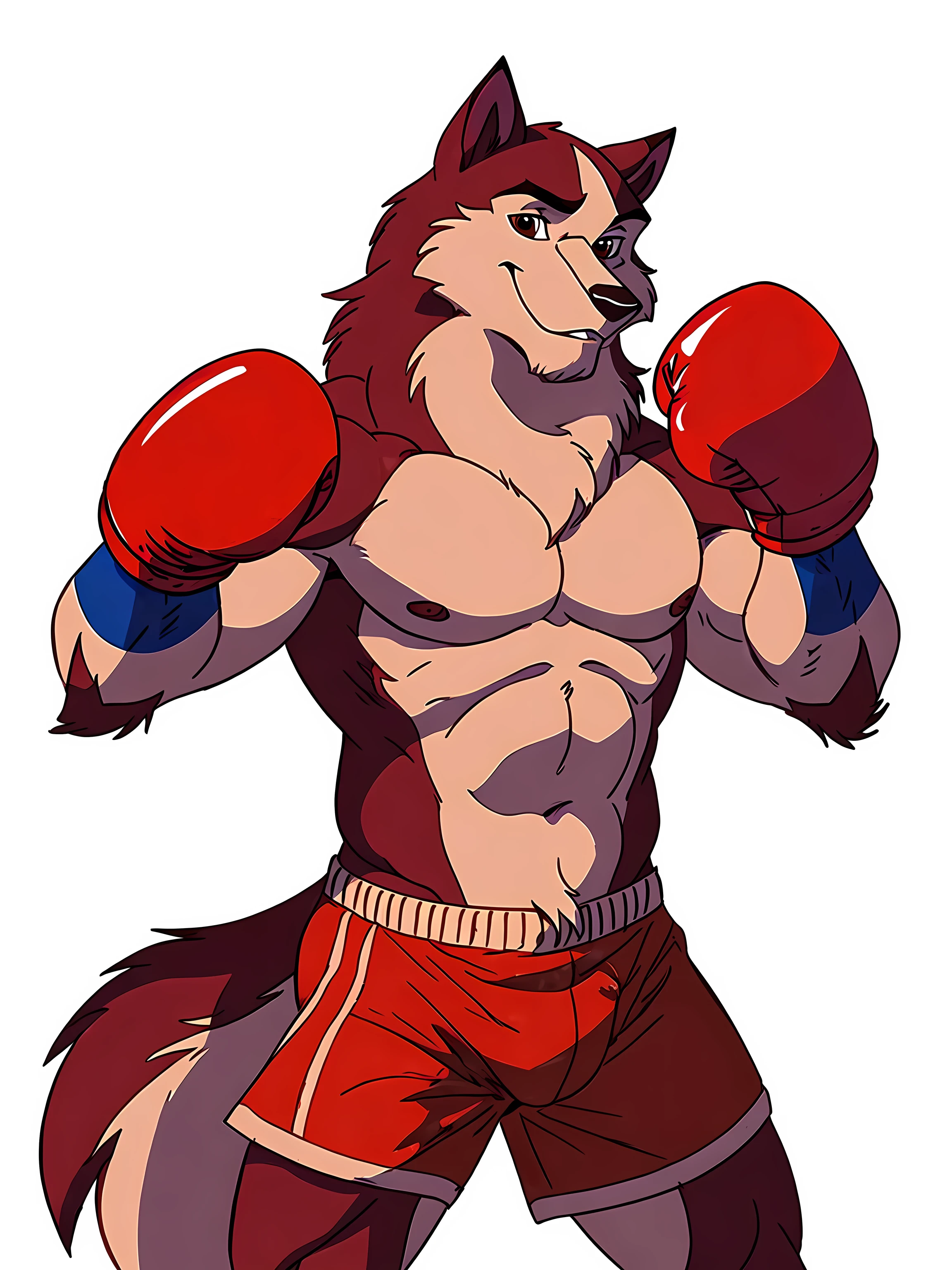 kodiak (balto), red fur, detailed, detailed face, detailed eyes, anthro body, black lineart, black outline, male, young adult, muscular body, brown eyes, cartoon shading, cel shaded:1.0, confident, proud, smile, front view:1.1, boxing shorts, full body:1.2, wolf tail, (wearing boxing gloves, detailed boxing gloves):1.1, (no background, white background):1.5, bare chest, by wfa, by negger