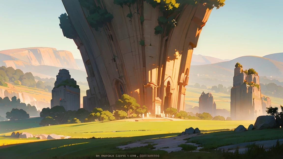 cinematic landscape, epic panorama:1.2, clear sky, sunny, fairytale-like city, beautiful detailed rock formations surrounding, lush green meadow, rolling hills, intricate architecture, ornate details, golden sunlight, warm color palette, dramatic lighting, highly detailed, 8k, photorealistic, digital art, cinematic composition,