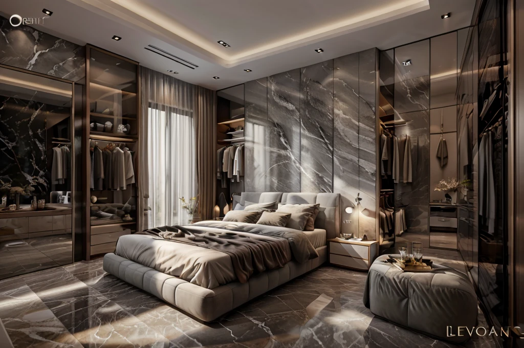 LUXURY BEDROOM DESIGN, elegant, Extremely sharp image, gray wall, daylight