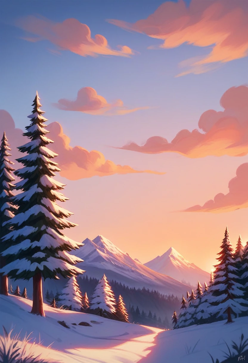 Sunset in a Cold weather, scenery, Dreamy art, Nature, with Douglas fir tree in the both sides, Beautiful sunset in a small mountain hill, Art style like alto's adventure.