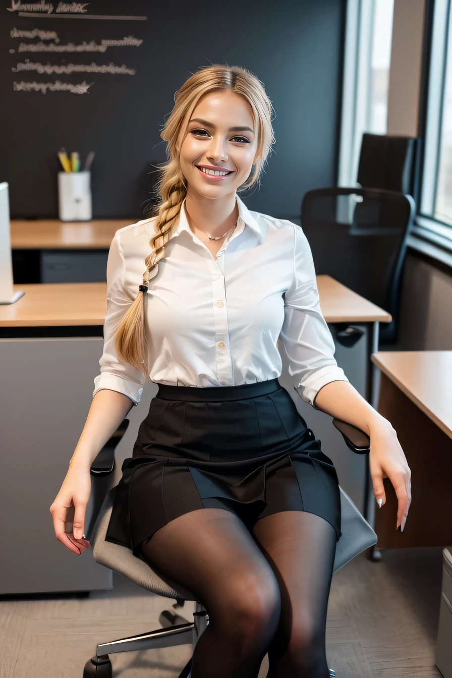 high quality,16K:1.1),((, German woman sitting in an office chair, 、Blonde、Wavy Hair、、smile、Beautiful teeth alignment、((Office Lady Suits、Knee-length skirt)), tights,,(View your viewers:1.3),(Full Body Shot:1.2),(Background is Office 1.2),
