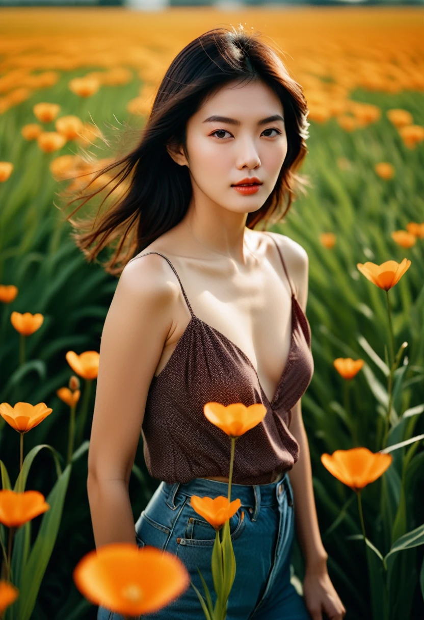a very beautiful Asian lady, casual outfit, at flower and grass field, ,Photojournalism photo, shot on Kodak Ektar 100, Natural Light, using a Sony A7R IV, Anamorphic lens, Medium Shot angle, in the style of Helmut Newton, in a Nostalgic atmosphere