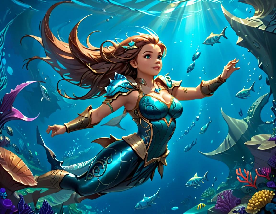 high details, best quality, 16k, RAW, [ultra detailed], masterpiece, best quality, (extremely detailed), dynamic angle, ultra wide shot, RAW, photorealistic, fantasy art, rpg art, realistic art, a wide angle picture of a female human druid and her pet shark, priest of underwater nature, cleric of underwater nature, full body, ((anatomically correct)), dynamic position (intricate details, Masterpiece, best quality: 1.5) talking to a shark (intricate details, Masterpiece, best quality: 1.5) under the sea  (intricate details, Masterpiece, best quality: 1.5), a female  wearing scale armor ( (intricate details, Masterpiece, best quality: 1.4) leather boots, armed with a GLOWING WEAPON, thick hair, long hair, brown hair, tan skin intense brown eyes, undersea background (intense details),  night undersea( (intricate details, Masterpiece, best quality: 1.5)), dynamic angle,  (intricate details, Masterpiece, best quality: 1.5)), high details, best quality, highres, ultra wide angle, drkfntasy, DruidMagicAI