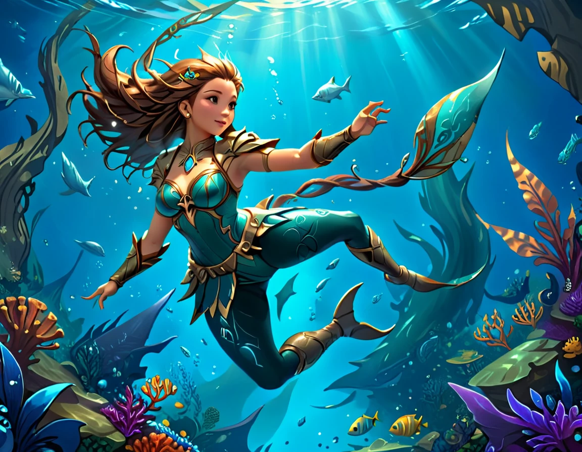high details, best quality, 16k, RAW, [ultra detailed], masterpiece, best quality, (extremely detailed), dynamic angle, ultra wide shot, RAW, photorealistic, fantasy art, rpg art, realistic art, a wide angle picture of a female human druid and her pet shark, priest of underwater nature, cleric of underwater nature, full body, ((anatomically correct)), dynamic position (intricate details, Masterpiece, best quality: 1.5) talking to a shark (intricate details, Masterpiece, best quality: 1.5) under the sea  (intricate details, Masterpiece, best quality: 1.5), a female  wearing scale armor ( (intricate details, Masterpiece, best quality: 1.4) leather boots, armed with a GLOWING WEAPON, thick hair, long hair, brown hair, tan skin intense brown eyes, undersea background (intense details),  night undersea( (intricate details, Masterpiece, best quality: 1.5)), dynamic angle,  (intricate details, Masterpiece, best quality: 1.5)), high details, best quality, highres, ultra wide angle, drkfntasy, DruidMagicAI
