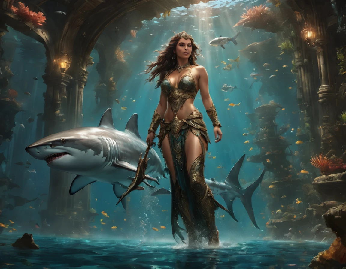 high details, best quality, 16k, RAW, [ultra detailed], masterpiece, best quality, (extremely detailed), dynamic angle, ultra wide shot, RAW, photorealistic, fantasy art, rpg art, realistic art, a wide angle picture of a female human druid and her pet shark, priest of underwater nature, cleric of underwater nature, full body, ((anatomically correct)), dynamic position (intricate details, Masterpiece, best quality: 1.5) talking to a shark (intricate details, Masterpiece, best quality: 1.5) under the sea  (intricate details, Masterpiece, best quality: 1.5), a female  wearing scale armor ( (intricate details, Masterpiece, best quality: 1.4) leather boots, armed with a GLOWING WEAPON, thick hair, long hair, brown hair, tan skin intense brown eyes, undersea background (intense details),  night undersea( (intricate details, Masterpiece, best quality: 1.5)), dynamic angle,  (intricate details, Masterpiece, best quality: 1.5)), high details, best quality, highres, ultra wide angle, drkfntasy