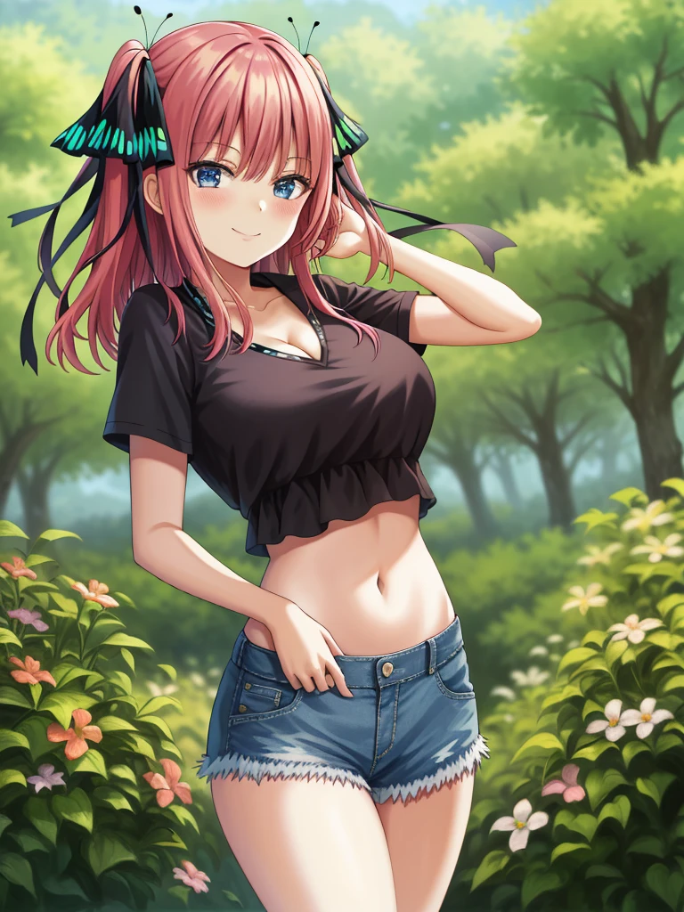2d, masterpiece, best quality, anime, highly detailed, 1girl, solo, cowboy shot, nakano nino, pink hair, butterfly hair ornament, crop top , cleavage, Denim short shorts , large breasts, standing, school, outdoors, smile