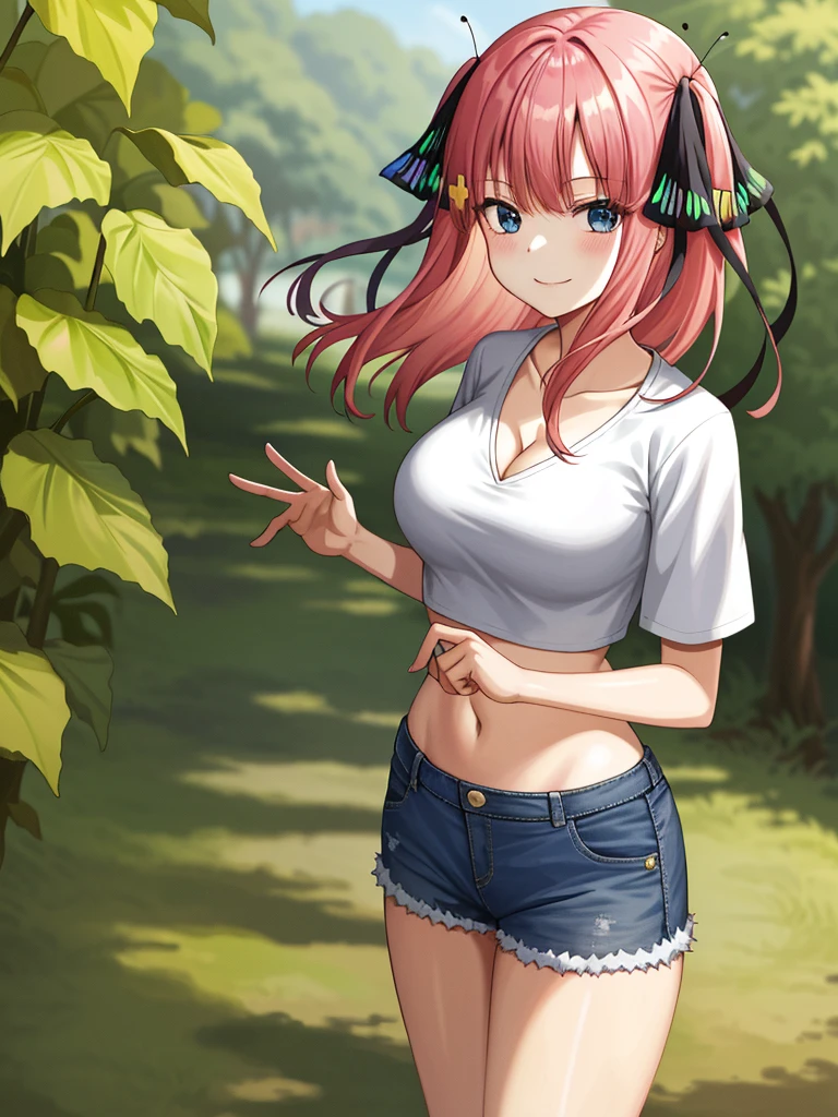 2d, masterpiece, best quality, anime, highly detailed, 1girl, solo, cowboy shot, nakano nino, pink hair, butterfly hair ornament, crop top , cleavage, Denim short shorts , large breasts, standing, school, outdoors, smile