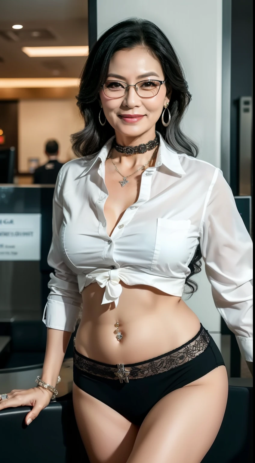 Collared shirt　70 years old　mom　milf　Korean, Lady　large earring　Big choker　navel piercing decoration　A bracelet　Silver Hair　realisitic　Gorgeous Madame Beautiful Mature Woman　sexly　Smile　Gentle woman navel piercing　４K　High quality airport　Check-in counter　Grand Hostess　employee　Glasses　Gorgeous Madame Beautiful Mature Woman