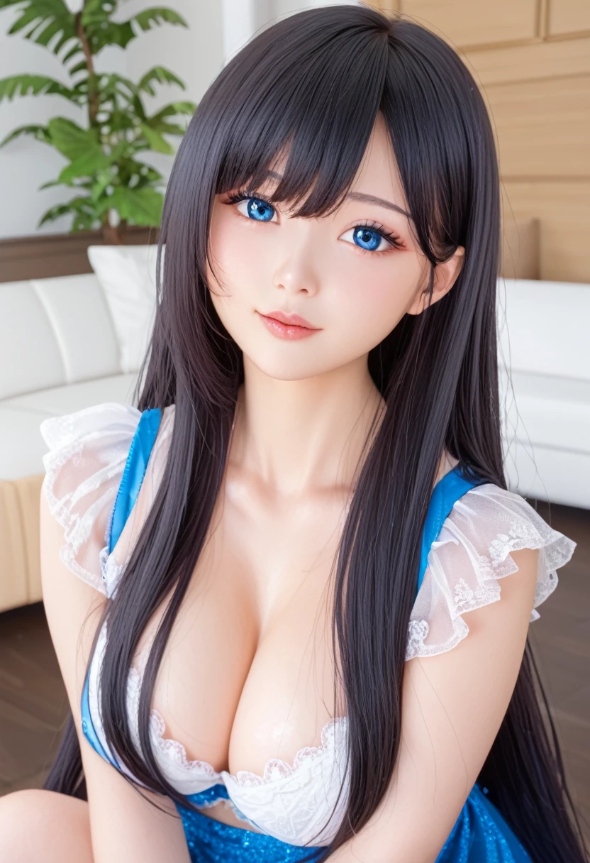 gorgeous, Shiny、Firming、Radiant skin, Bangs between the eyes, Shiny的直美丽的白金金发, Extra Long Straight Silky Hair, Eyeliner, Sexy, beautiful and innocent , HD big beautiful bright blue eyes, Beautiful cute girl, baby face, short sleeve