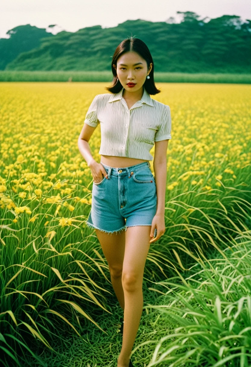a very beautiful Asian lady, casual outfit, at flower and grass field, ,Photojournalism photo, shot on Kodak Ektar 100, Natural Light, using a Sony A7R IV, Anamorphic lens, Medium Shot angle, in the style of Helmut Newton, in a Nostalgic atmosphere