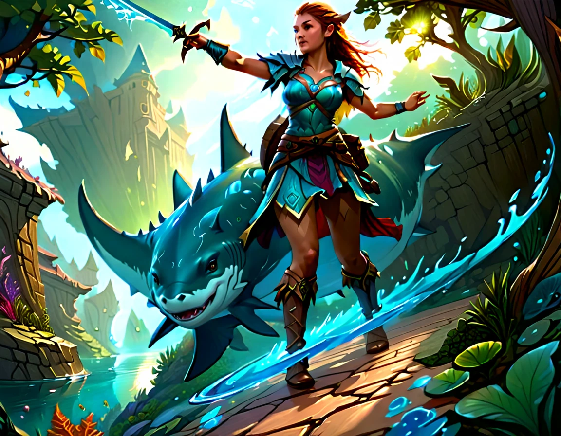 , a wide angle picture of a female human druid swimming along her pet shark, priest of underwater nature, cleric of underwater nature, art full body, ((anatomically correct)), dynamic position (intricate details, Masterpiece, best quality: 1.5) talking to a shark (intricate details, Masterpiece, best quality: 1.5) under the sea (intricate details, Masterpiece, best quality: 1.5), a human woman wearing scale armor ((intricate details, Masterpiece, best quality: 1.4) leather boots, armed with a sword, GLOWING WEAPON, thick hair, long hair, brown hair, tan skin intense brown eyes, undersea background (intense details), night undersea( (intricate details, Masterpiece, best quality: 1.5)high details, best quality, 16k, RAW, (ultra detailed: 1.5), masterpiece, best quality, (extremely detailed), dynamic angle, ultra wide shot, RAW, photorealistic, fantasy art, rpg art, realistic ), dynamic angle, (intricate details, Masterpiece, best quality: 1.5)), high details, best quality, highres, ultra wide angle, drkfntasy, DruidMagicAI