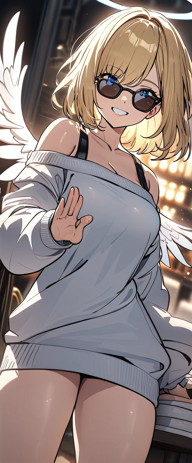 ((angel, big big white wings:1.3, halo:1.3)), ((from below)), (((sunglasses, hand to sunglasses))), (((cowboy shot))), archangel Uriel, ((wavy hair, inward curled hair)), evening, Sunset, ((blond hair, bob cut:1.3)), breasts, ager, (looking at viewer), oversized clothes, puffy long sleeves, cleavage, ((off-shoulder sweater:1.3, Quite thick shoulder straps)), ((white sweater)), collarbone, head tilt:1.3, (((blue eyes))), ((happy smile)), (((anime style))), (best quality, 4K, 8K, highres, masterpiece:1.2, ultra-detailed, ultra-detailed eyes, HDR, uhd, studio lighting, ultra-fine painting, sharp focus, physically-based rendering, extreme detail description, professional, vivid colors, bokeh)