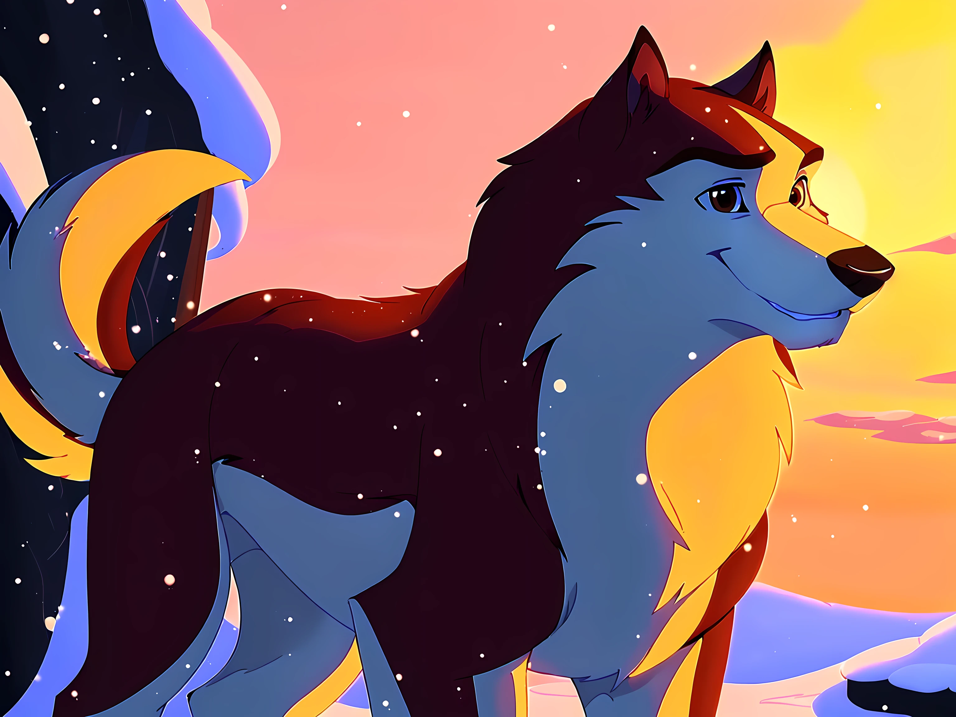 kodiak (balto), full body, feral, detailed, detailed eyes, quadruped, wfa anatomy, black lineart, black outline, male, masculine, adult, wolf, wolf body, wolf tail, brown eyes, cartoon shading, cel shaded:1.0, winter background, sunset, snowing, half body, smile