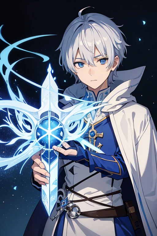 masterpiece, Highest quality, High resolution,Anime Style、Follow the prompts、Anatomically correct、Silver Hair、Short Hair、male、Wizard、White Robe、magic、Amorphous Cross of Blue Flame、With an ancient castle in the background、Upper body only