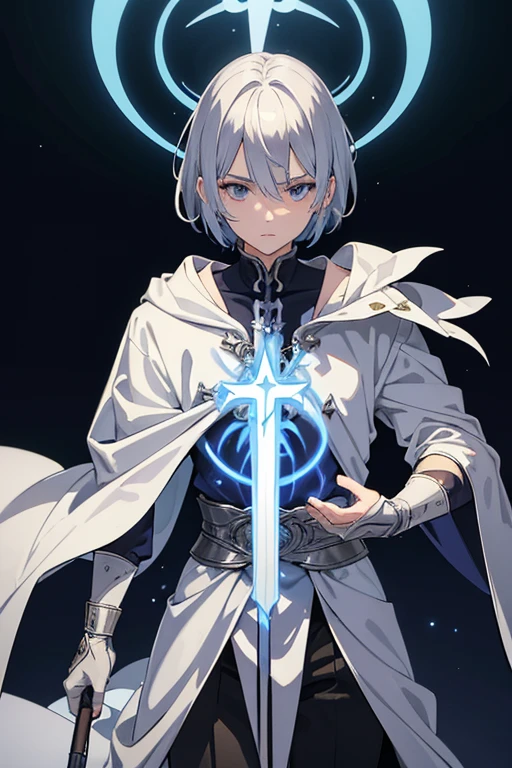 masterpiece, Highest quality, High resolution，Anime Style、Follow the prompts、Anatomically correct、Silver Hair、Short Hair、male、Wizard、White Robe、magic、Amorphous Cross of Blue Flame、With an ancient castle in the background、Upper body only