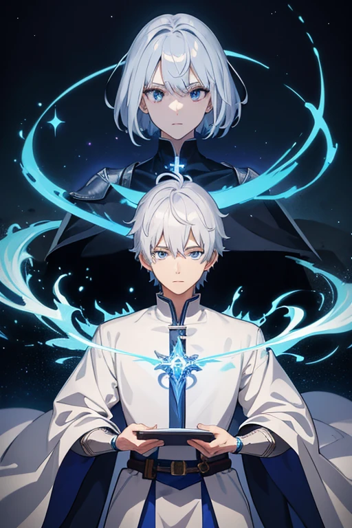 masterpiece, Highest quality, High resolution，Anime Style、Follow the prompts、Anatomically correct、Silver Hair、Short Hair、male、Wizard、White Robe、magic、Amorphous Cross of Blue Flame、With an ancient castle in the background、Upper body only