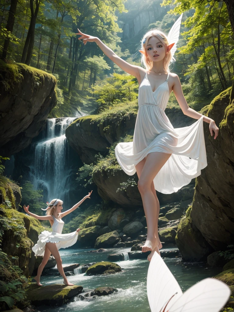 Hallucination , beautiful naked elf, 21yo, Fluttering white dress , Dancing on the top of a small hill