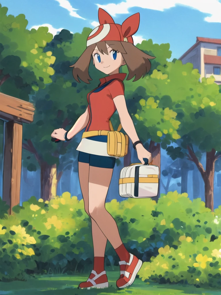 (masterpiece,asbsurdres,highres,best quality:1.2),1girl,solo,may \(pokemon\),outdoors,looking at viewer,smile, fanny pack