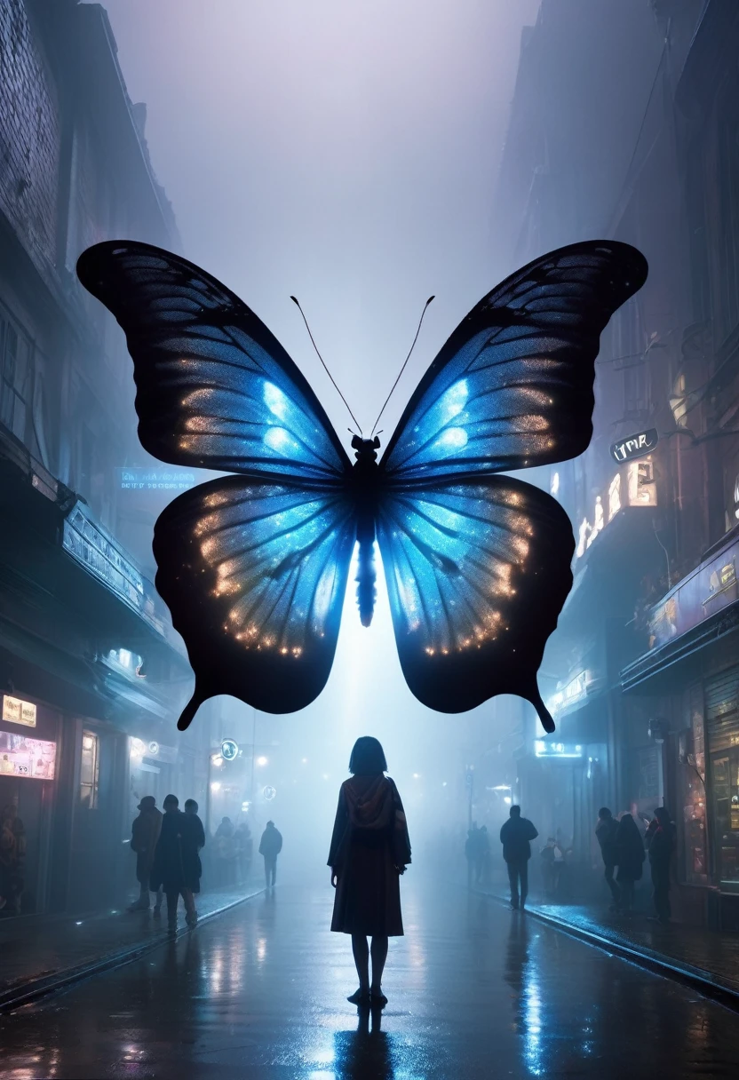 "A gigantic butterfly whose wings are composed of particles of light that sparkle like stardust. As it flies, it leaves a trail of light, reflecting off the fog to create a dreamlike scene. This ephemeral butterfly appears and disappears within the mist-covered city."