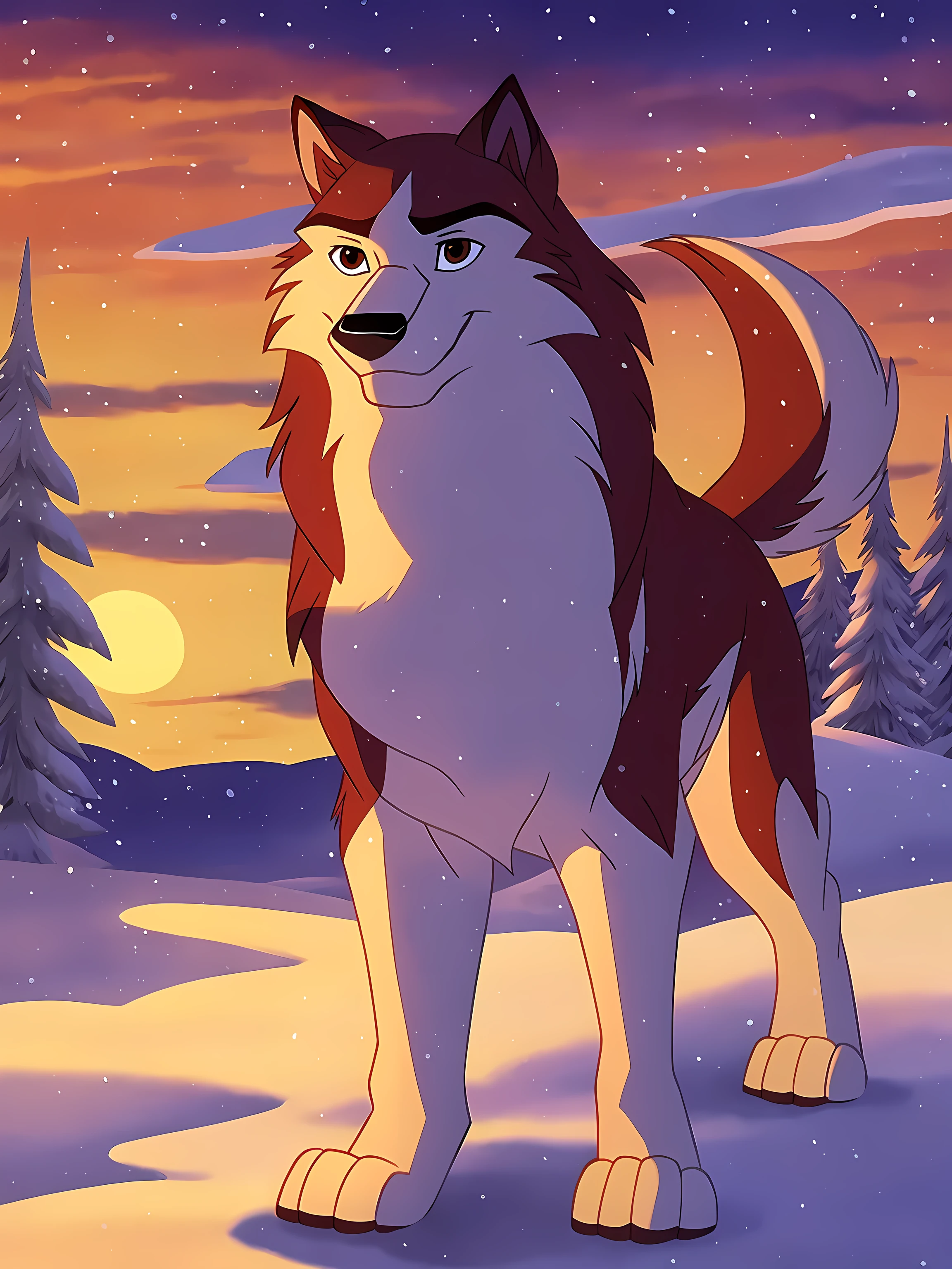 kodiak (balto), solo, full body, feral, detailed, detailed eyes, quadruped, wfa anatomy, black lineart, black outline, male, masculine, adult, wolf, wolf body, wolf tail, brown eyes, cartoon shading, cel shaded:1.0, winter background, sunset, snowing, smile, front view, paws