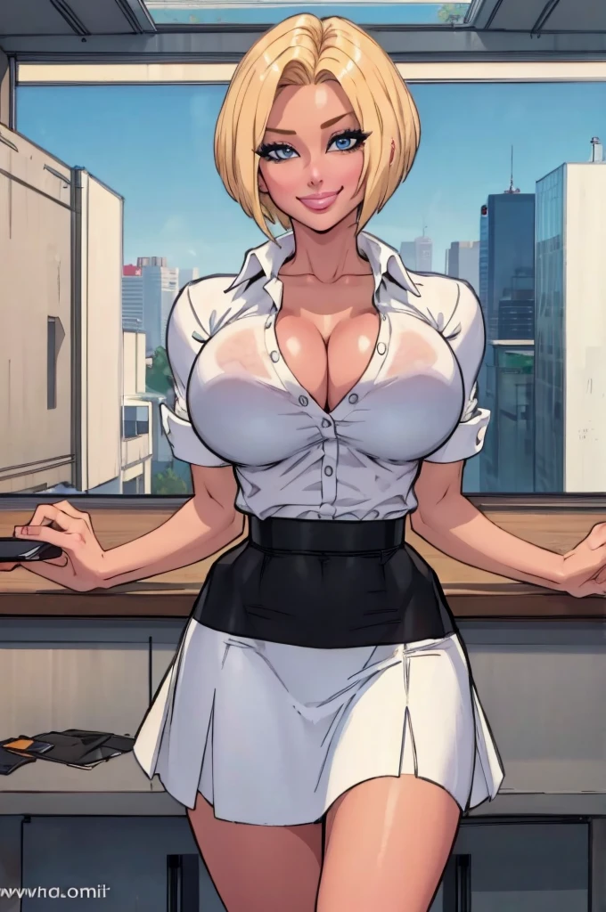 (masterpiece, best quality:1.2), 8k, thepit, 1girl, solo, short hair, blonde, big breasts, looking at viewer, smile, white shirt, black skirt, cleavage, real estate, pink dress